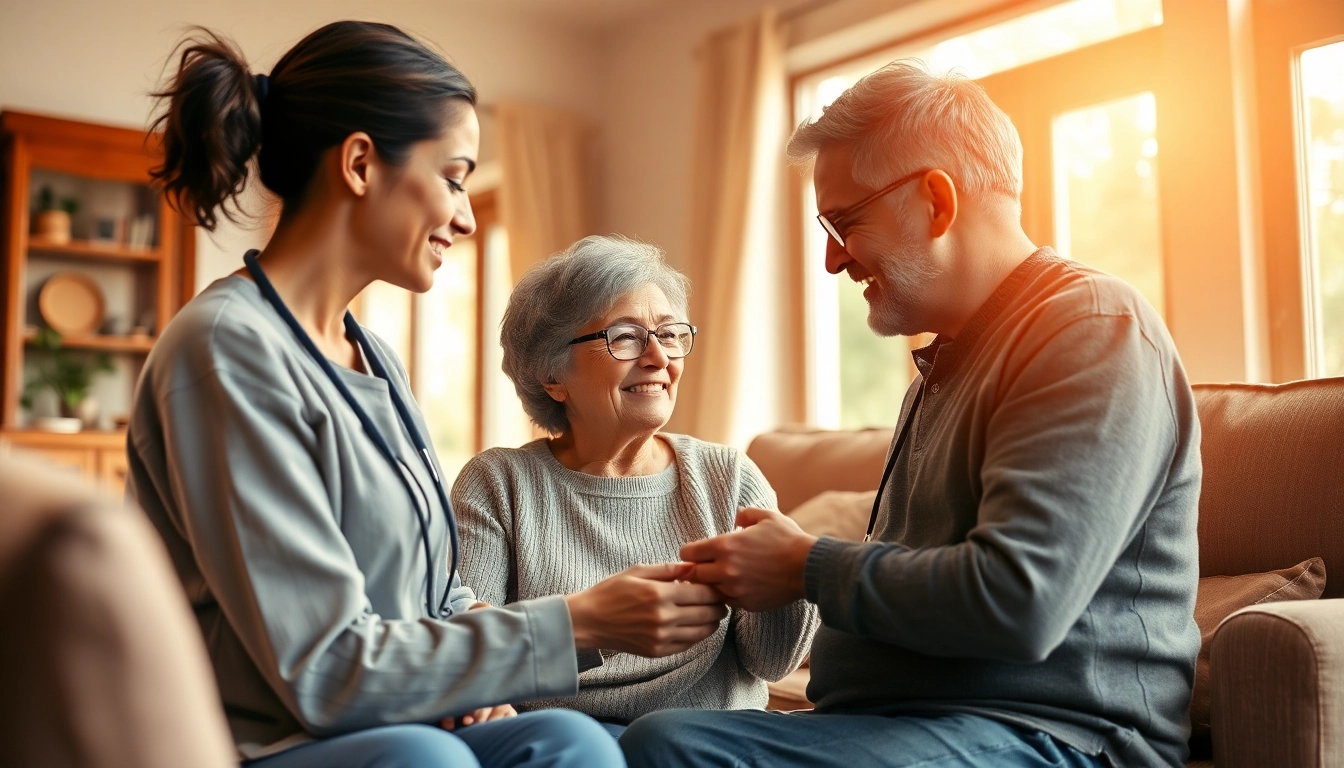 Engaging in home care for seniors with a caregiver assisting in a cozy living room.