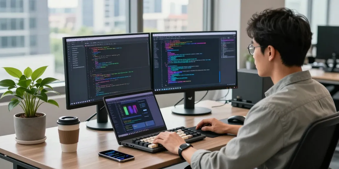 Developer coding in a modern workspace using 纸飞机中文版 application, showcasing productivity tools and urban views.