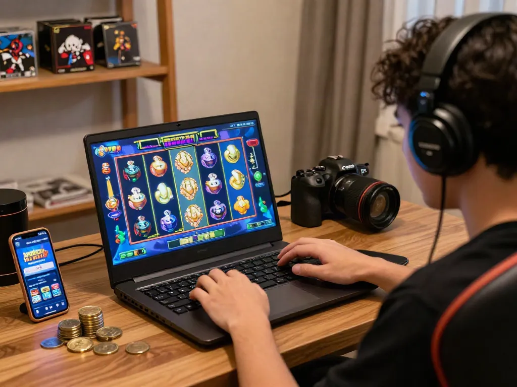 Player engaging with an online slot game featuring vibrant animations and potential winnings at home.
