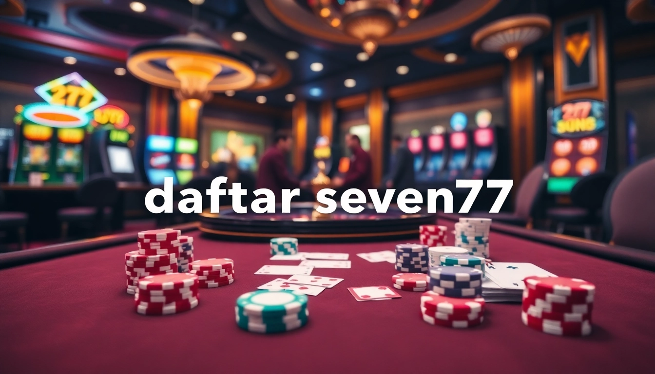 Engage in thrilling games at daftar seven77 with vibrant poker tables and roulette wheels.