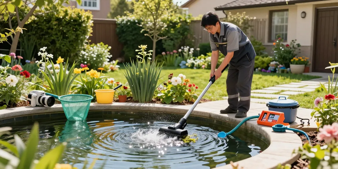 Pond Clean London service in action, highlighting professional cleaning techniques and a vibrant garden backdrop.
