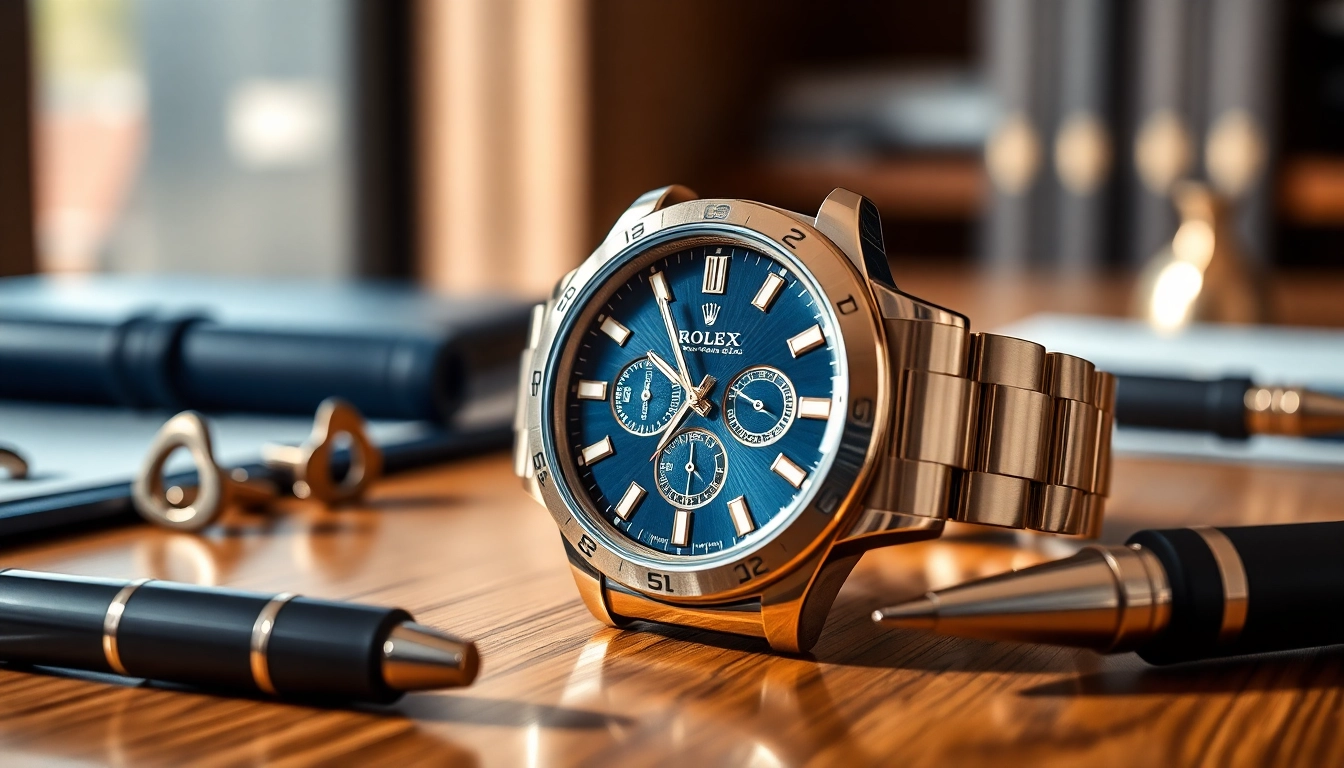 Showcasing a luxurious rolex replica with elegant accessories on a polished surface.