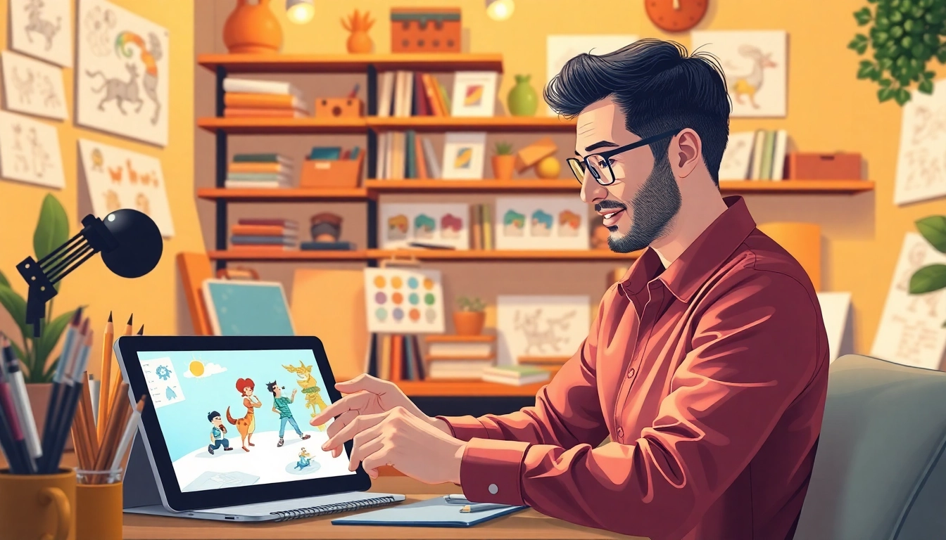2D Animation process taking place in a vibrant studio with digital tools and sketches.