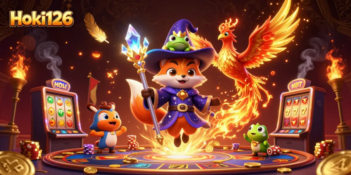 Engage with Hoki126's thrilling slot gaming experience featuring a mystical wizard and vibrant casino elements.