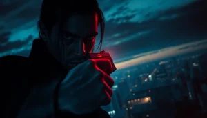 Intense assassin holding a gun under twilight, reflecting Contracts and Bullets' thriller theme.