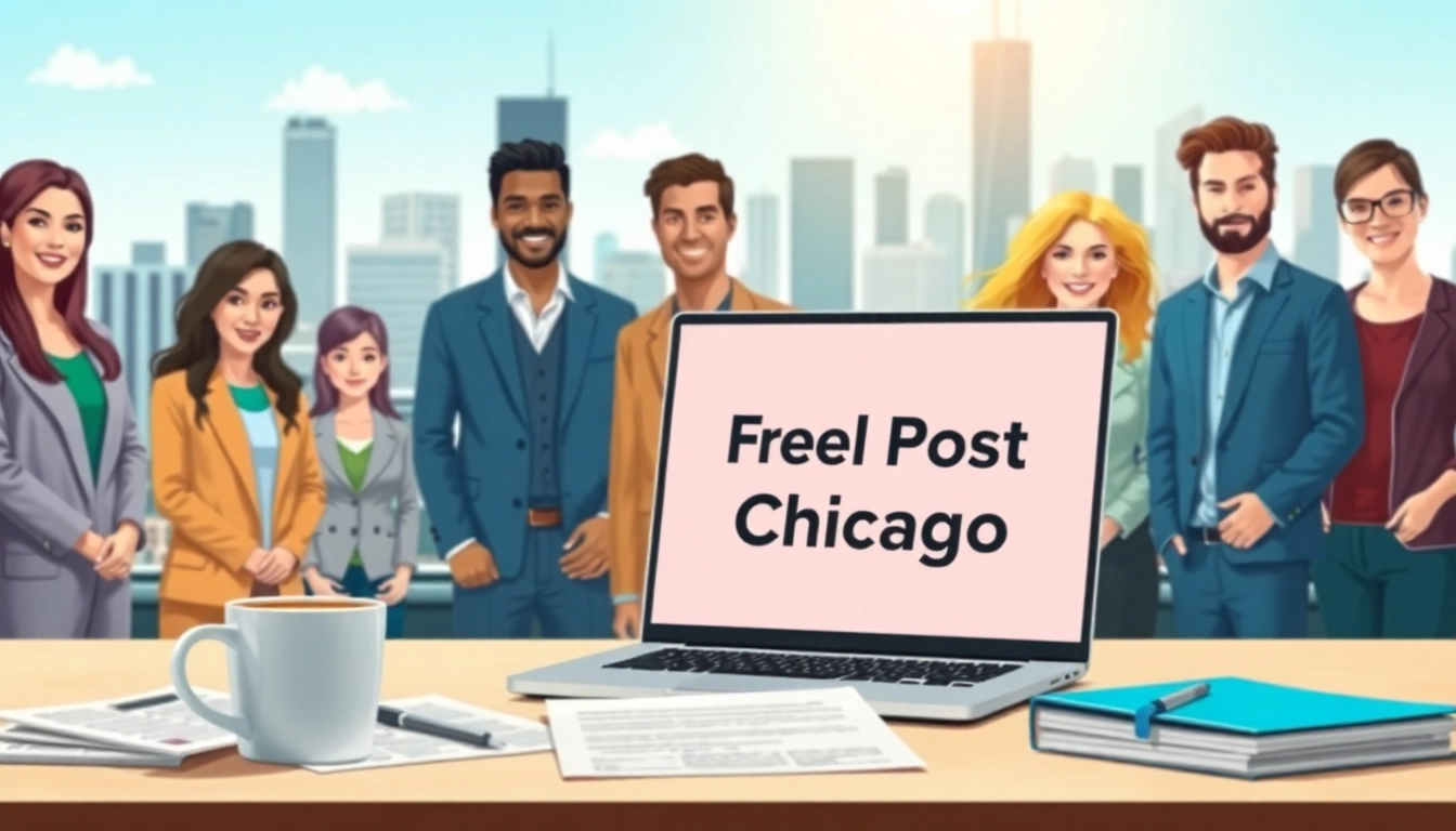 Promote free job post chicago with diverse professionals and an urban skyline backdrop.