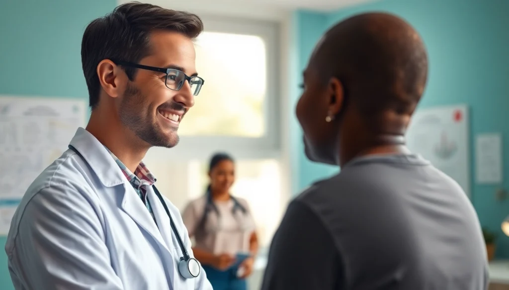 Health professional discussing treatment options with a patient in a welcoming clinic.