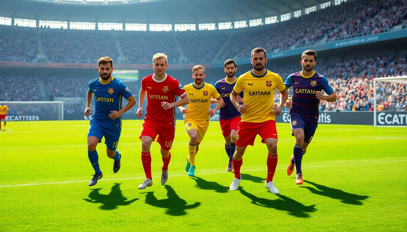 Soccer players showcasing a vibrant team kit while actively playing on the field.