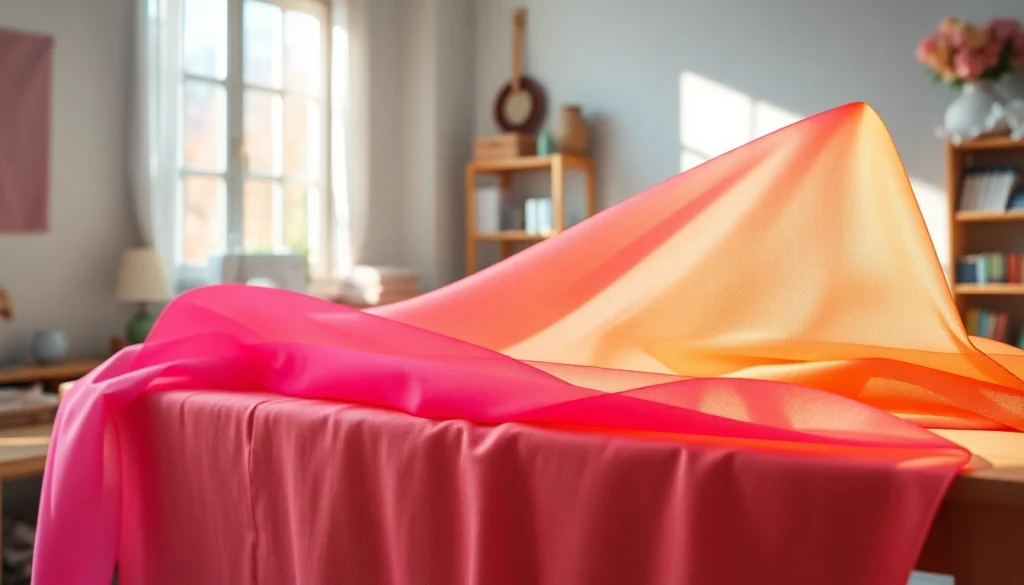 Mousseline stof elegant over een houten tafel, in een sfeervolle naaiatelier, luchtige uitstraling.