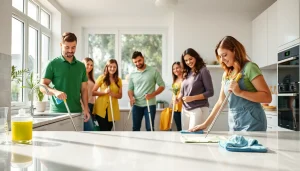 Cleaning Service professionals diligently cleaning a bright kitchen, showcasing teamwork and efficiency.
