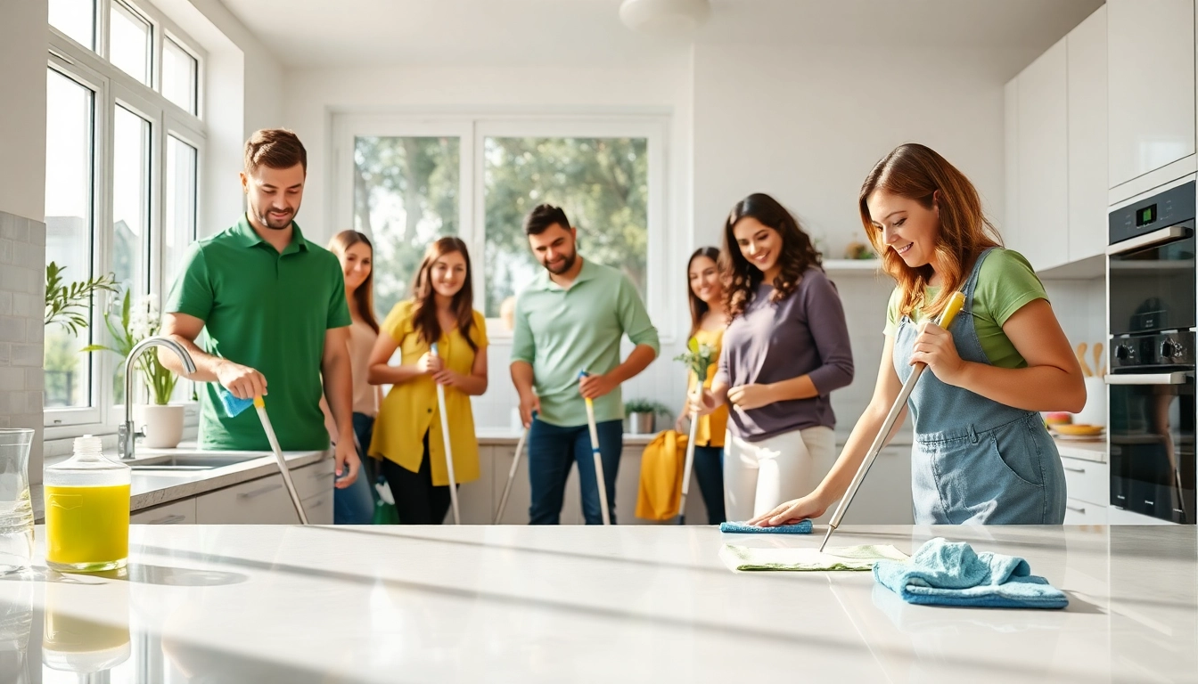 Cleaning Service professionals diligently cleaning a bright kitchen, showcasing teamwork and efficiency.