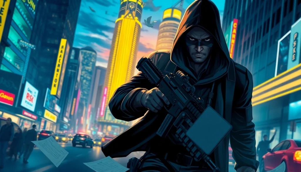 Action scene focusing on Contracts and Bullets, showcasing an assassin in an urban setting.
