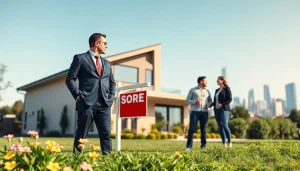 Real Estate agent showcasing modern home available for sale with prospective buyers.