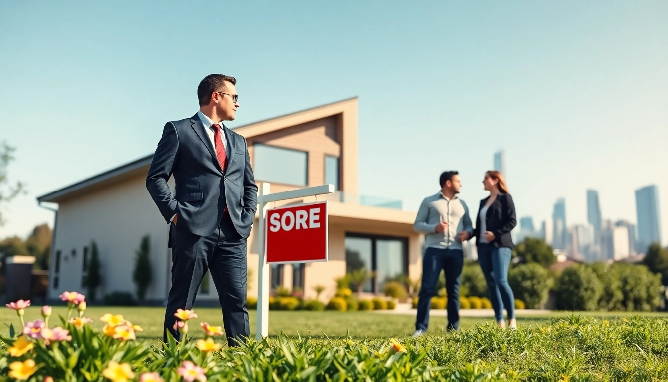 Real Estate agent showcasing modern home available for sale with prospective buyers.