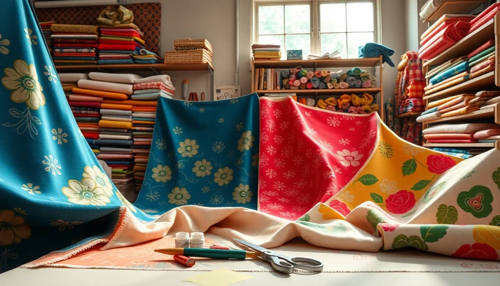 Canvas stoffen met unieke patronen in een creatieve werkplaats en kleurrijke stoffen.