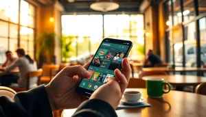 Engaging scene of sports betting apps India on a smartphone in a café.