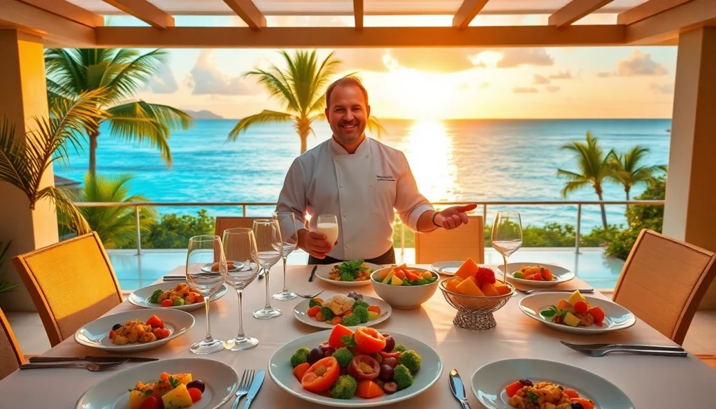 Private chef serving gourmet dishes in Sint Maarten luxury villa setting.