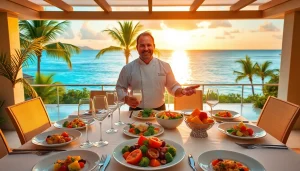 Private chef serving gourmet dishes in Sint Maarten luxury villa setting.