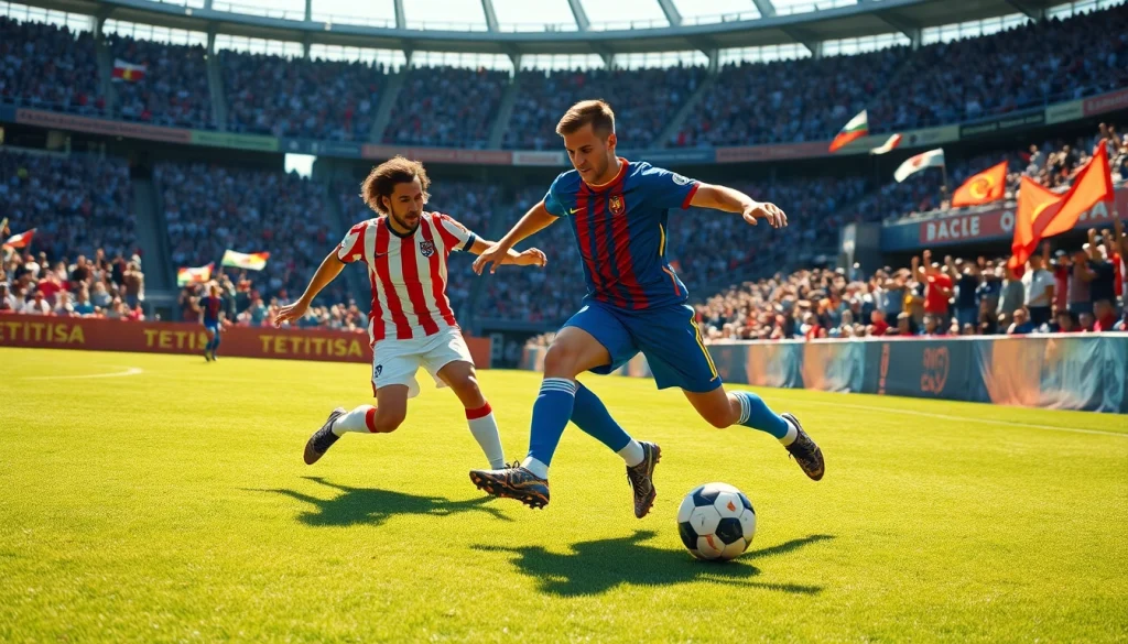 축구중계를 하는 선수들이 공을 차는 순간의 역동적인 장면