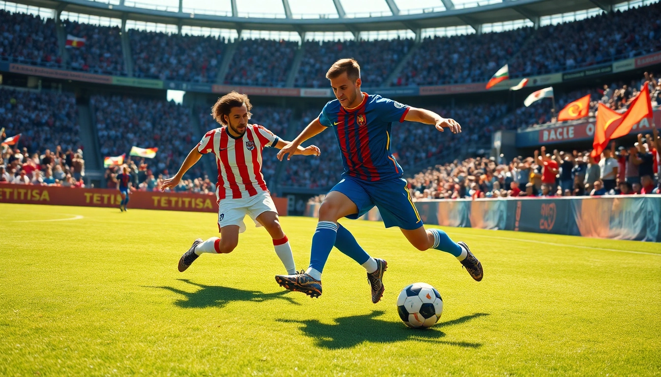 축구중계를 하는 선수들이 공을 차는 순간의 역동적인 장면