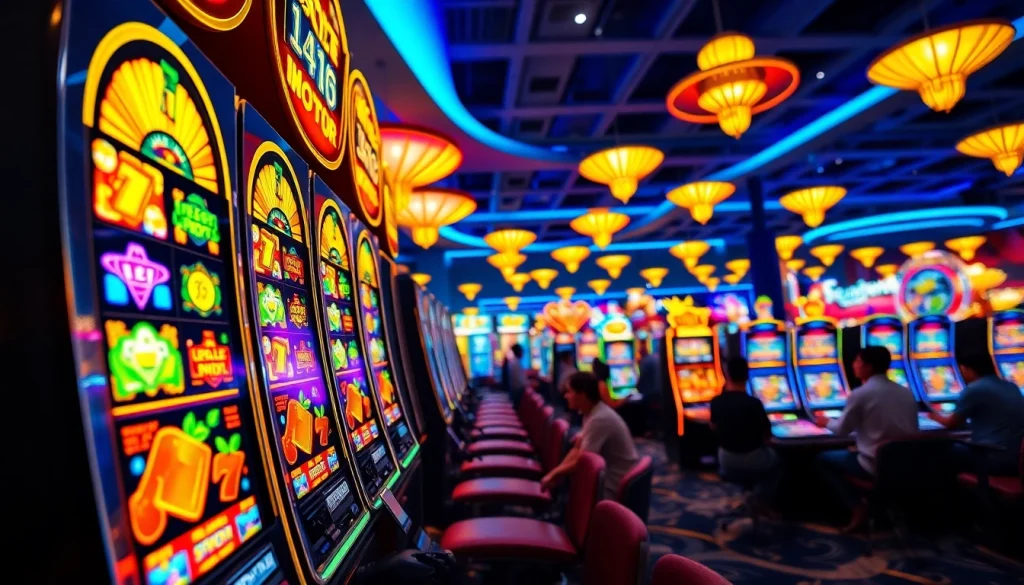 Slot gacor hari ini dengan mesin slot yang cerah dan pemain yang menikmati permainan di kasino.