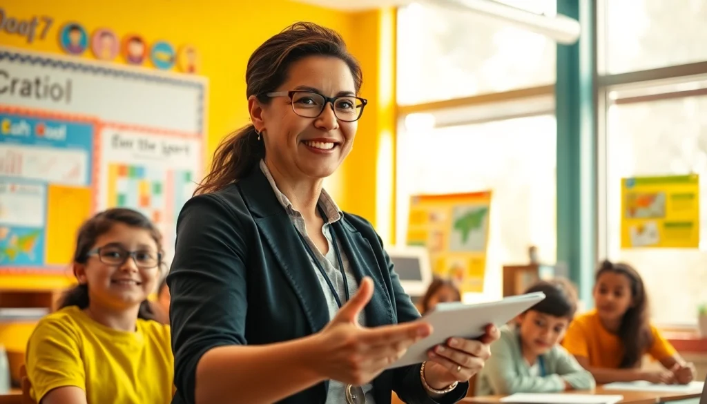 Engage in Education with a passionate teacher guiding enthusiastic students in a vibrant classroom.