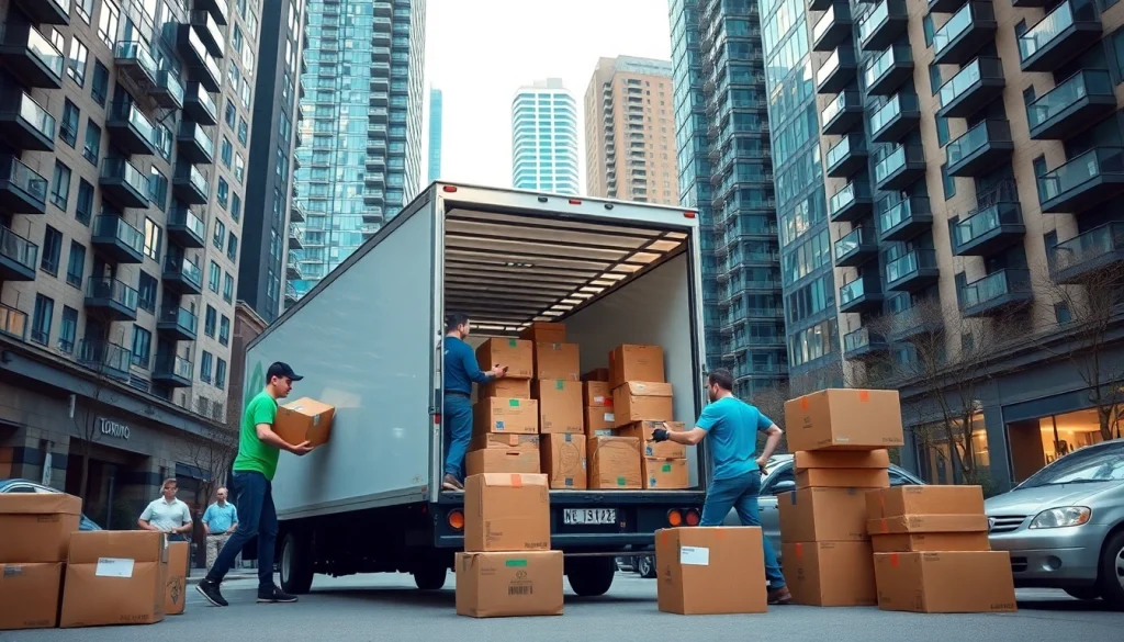 Efficient Toronto movers loading a moving truck with boxes in a busy urban setting.