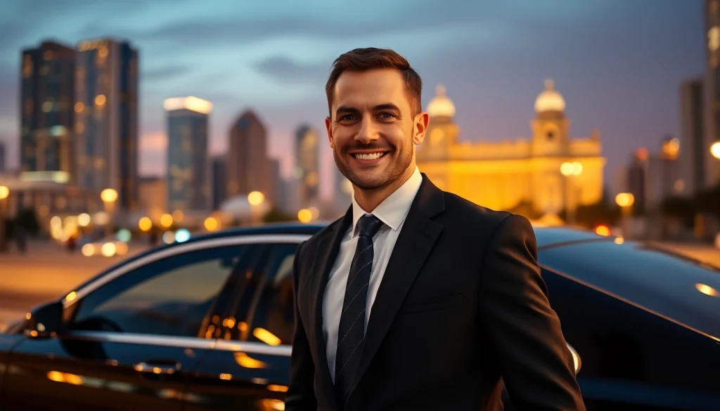 Experience top-notch Chauffeur Services near me featuring a professional driver beside a luxury sedan.