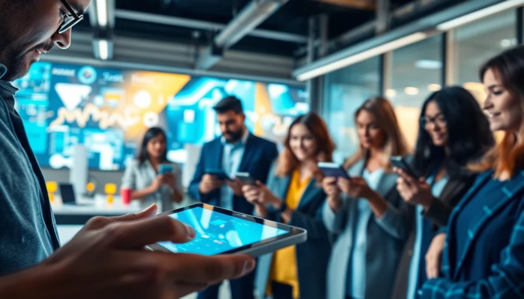 Technology users collaborating in a modern office, showcasing innovation and interaction.