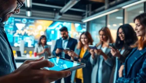 Technology users collaborating in a modern office, showcasing innovation and interaction.