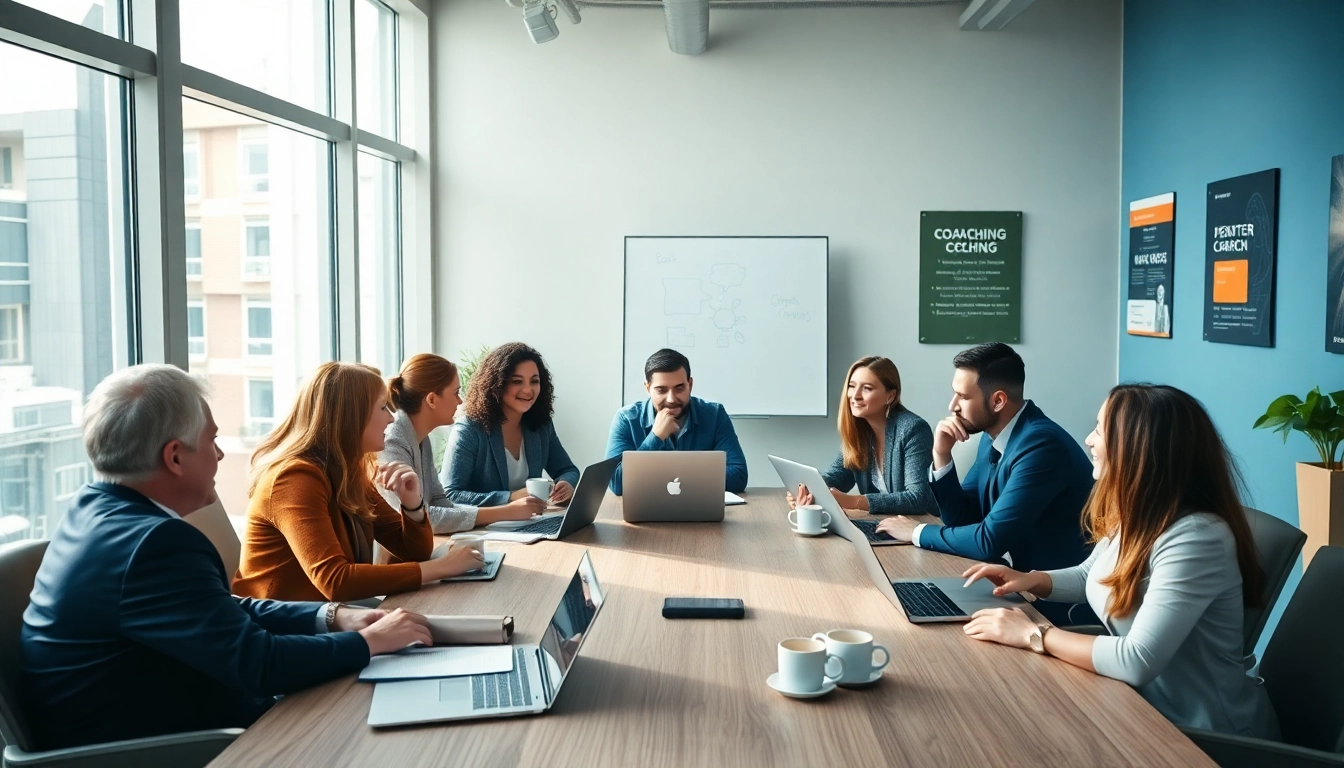 Engaging discussion during a business coaching service session in a modern office.