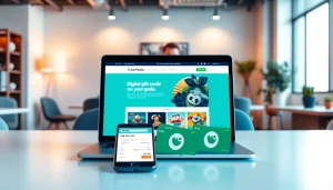 세련된 노트북의 디지털 결제 인터페이스를 통해 선보이는 상품권소액결제, 화면에 다채로운 상품권이 표시된 모습