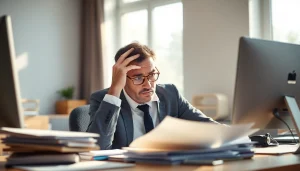 Struggling with brain fog in a cluttered office, emphasizing mental challenges in an engaging scene.