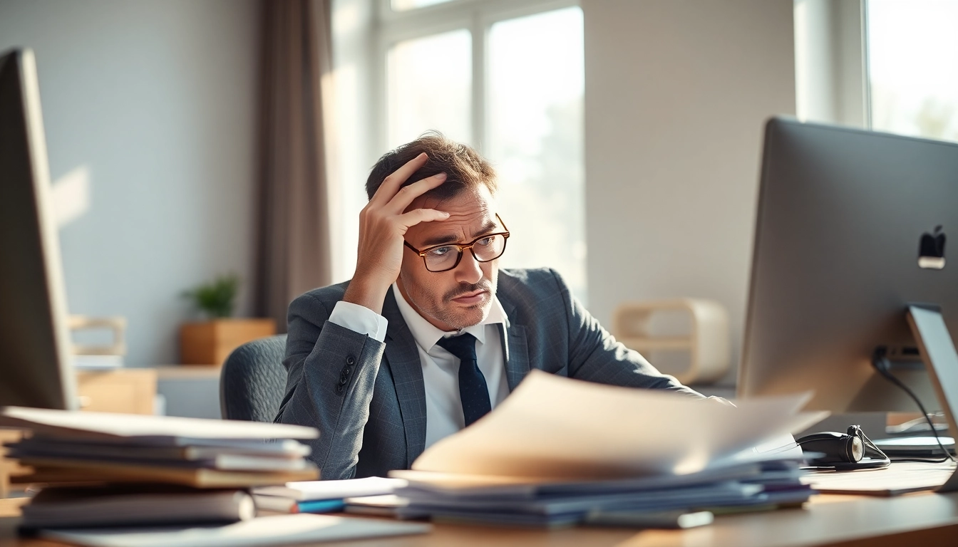 Struggling with brain fog in a cluttered office, emphasizing mental challenges in an engaging scene.