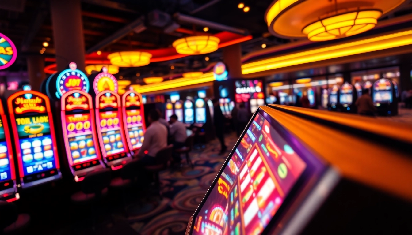 Permainan menarik slot pulsa dengan mesin slot berwarna-warni di kasino yang ramai.