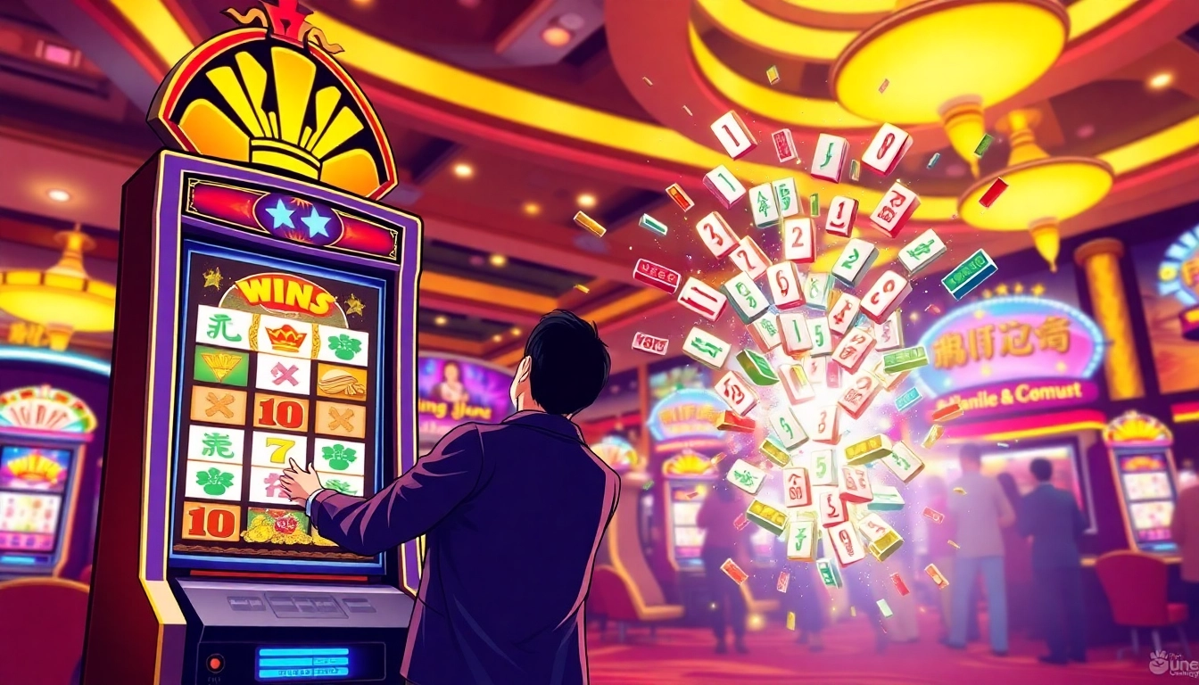 Menjalankan slot demo mahjong dengan simbol dan angka penuh warna di lingkungan kasino yang ceria.