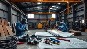 Engaging custom steel fabrication workspace showcasing skilled artisans and industrial equipment