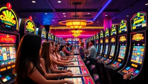 Exciting slot hoki scene with diverse players celebrating wins at modern machines.