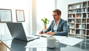Soudní překlad professional translator diligently working in a modern office.