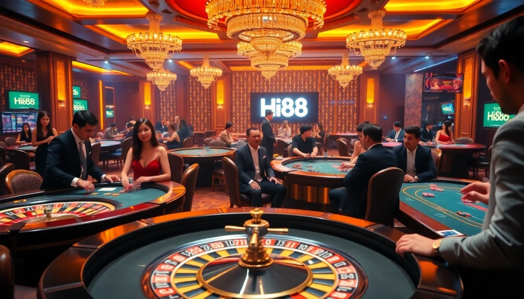 Players enjoying thrilling games at Hi88 casino with roulette and poker tables.