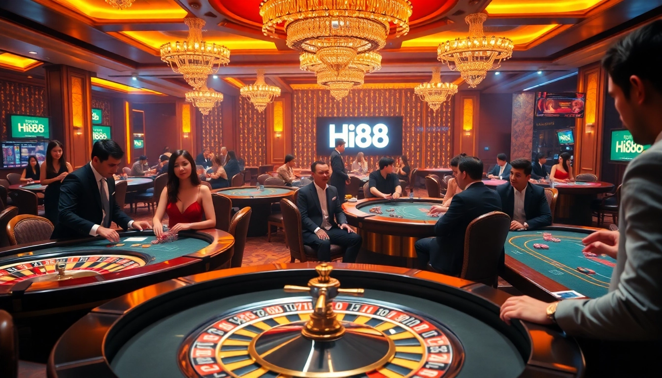 Players enjoying thrilling games at Hi88 casino with roulette and poker tables.