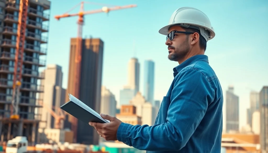 New York City Construction Manager reviewing project plans on a dynamic construction site.
