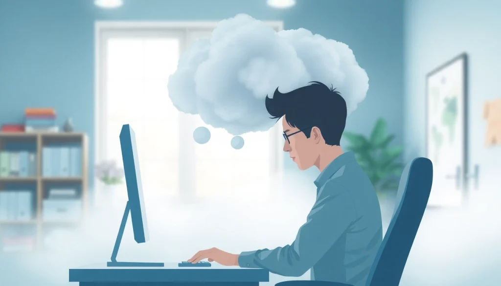 Illustration showing brain fog as a thought bubble, portraying cognitive confusion at a workspace.