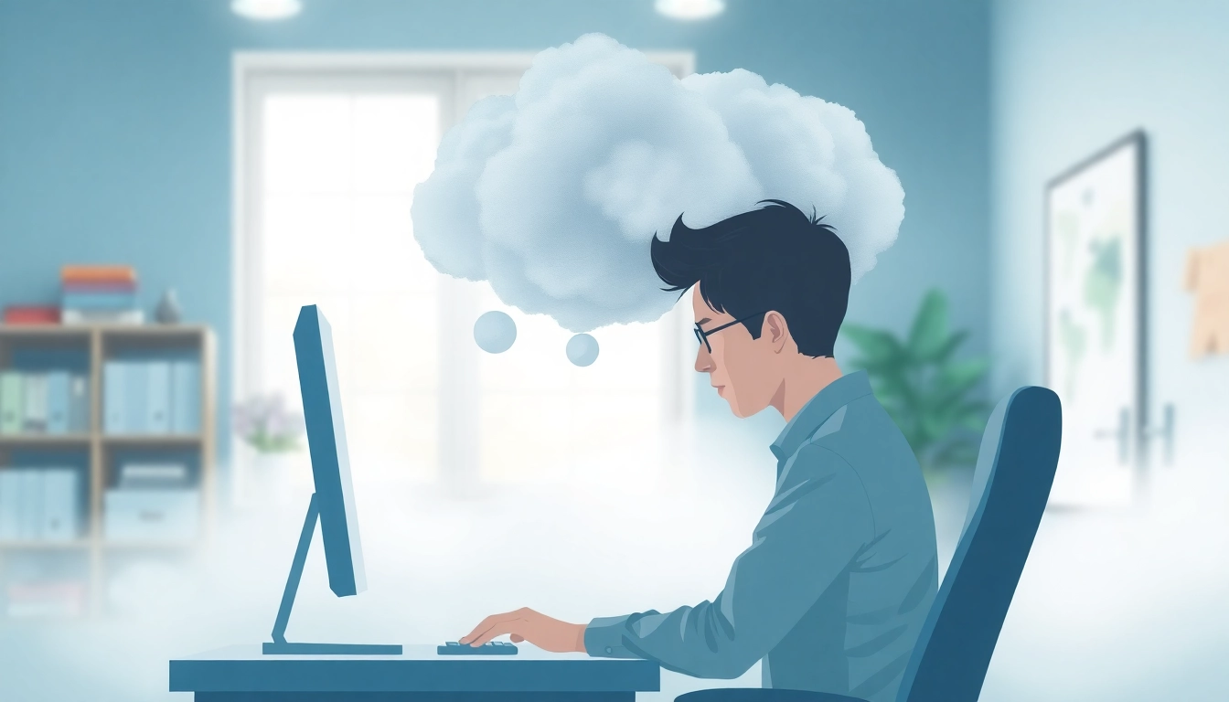 Illustration showing brain fog as a thought bubble, portraying cognitive confusion at a workspace.