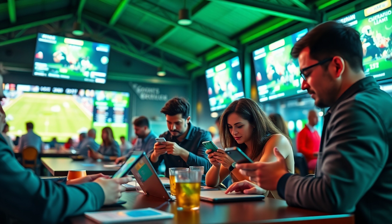 Engaged users exploring sports betting sites Texas at a lively sports bar.