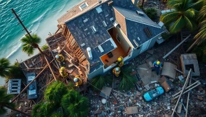 Assessing Florida Hurricane Damage with rescue teams aiding a rural community.