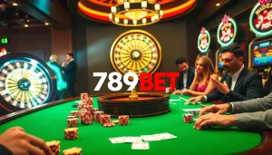 Immersive gambling scene at 789BET featuring vibrant casino tables, poker chips, and players.