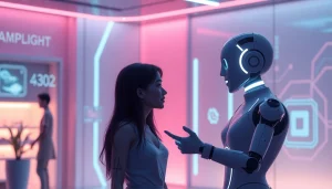 Engaging ai sex chat with a lifelike AI girlfriend in a futuristic digital landscape.