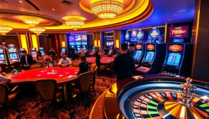 Players enjoying high-stakes action at 789bet's luxurious casino tables with vibrant slot machines.