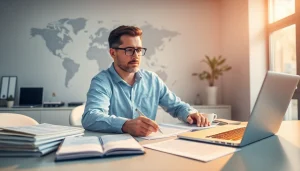 Scène professionnelle d'un traducteur assermenté en ligne traduisant des documents dans un espace de travail moderne